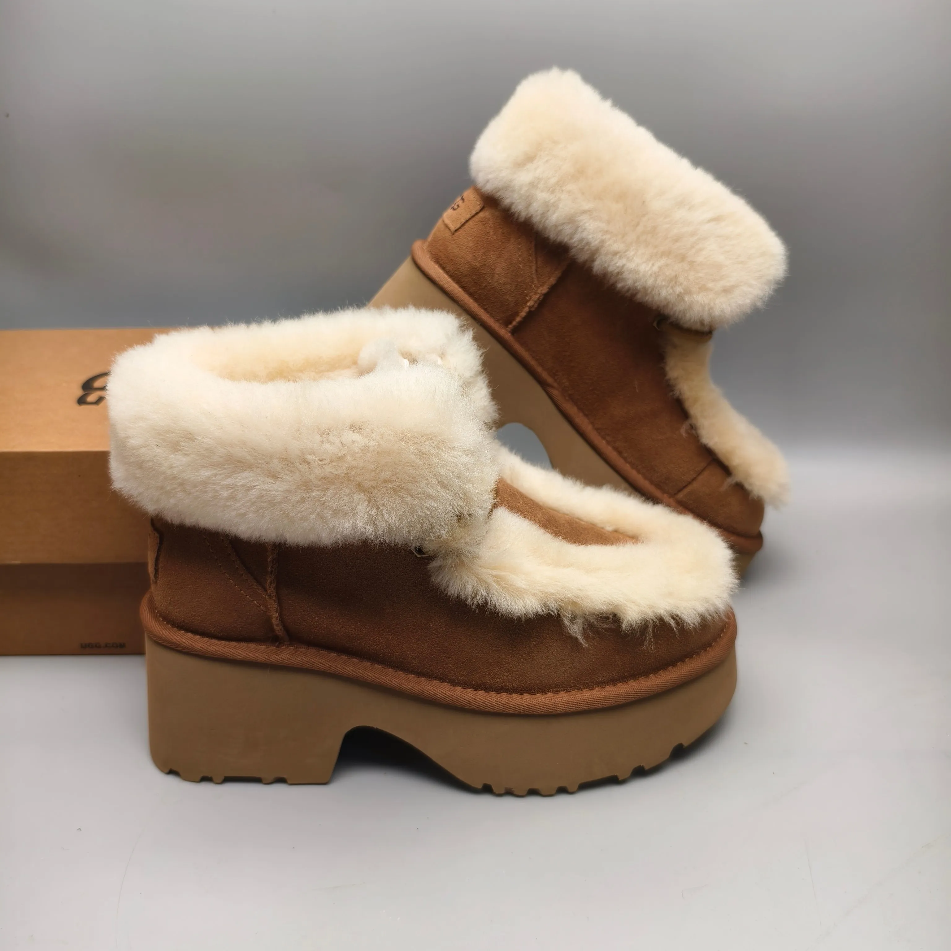 💰 600 UGG sheepskin all-in-one snow boots 1532 Song Yuqi’s same style, Esme wedge-heeled short boots, overflowing lace-up style, color: maroon, mustard, matching size: 35-41
